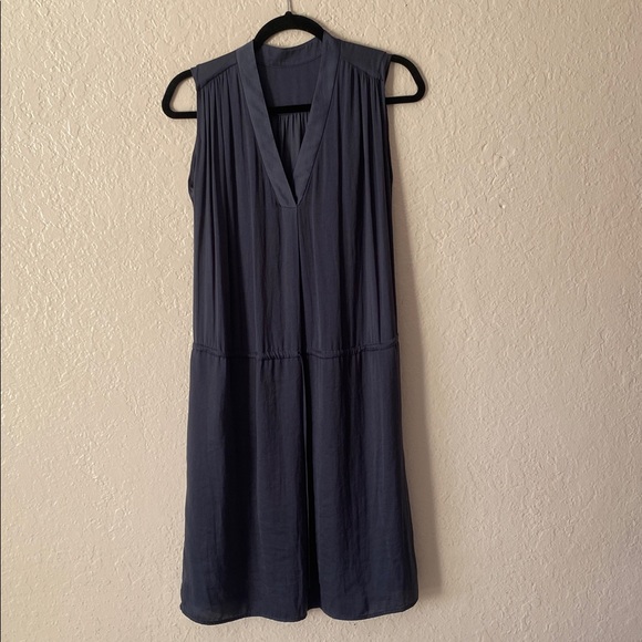 Vince 100% Silk Sleeveless Midi Dress Size M Blue V-Neck Drawstring Sleeveless - Picture 3 of 8